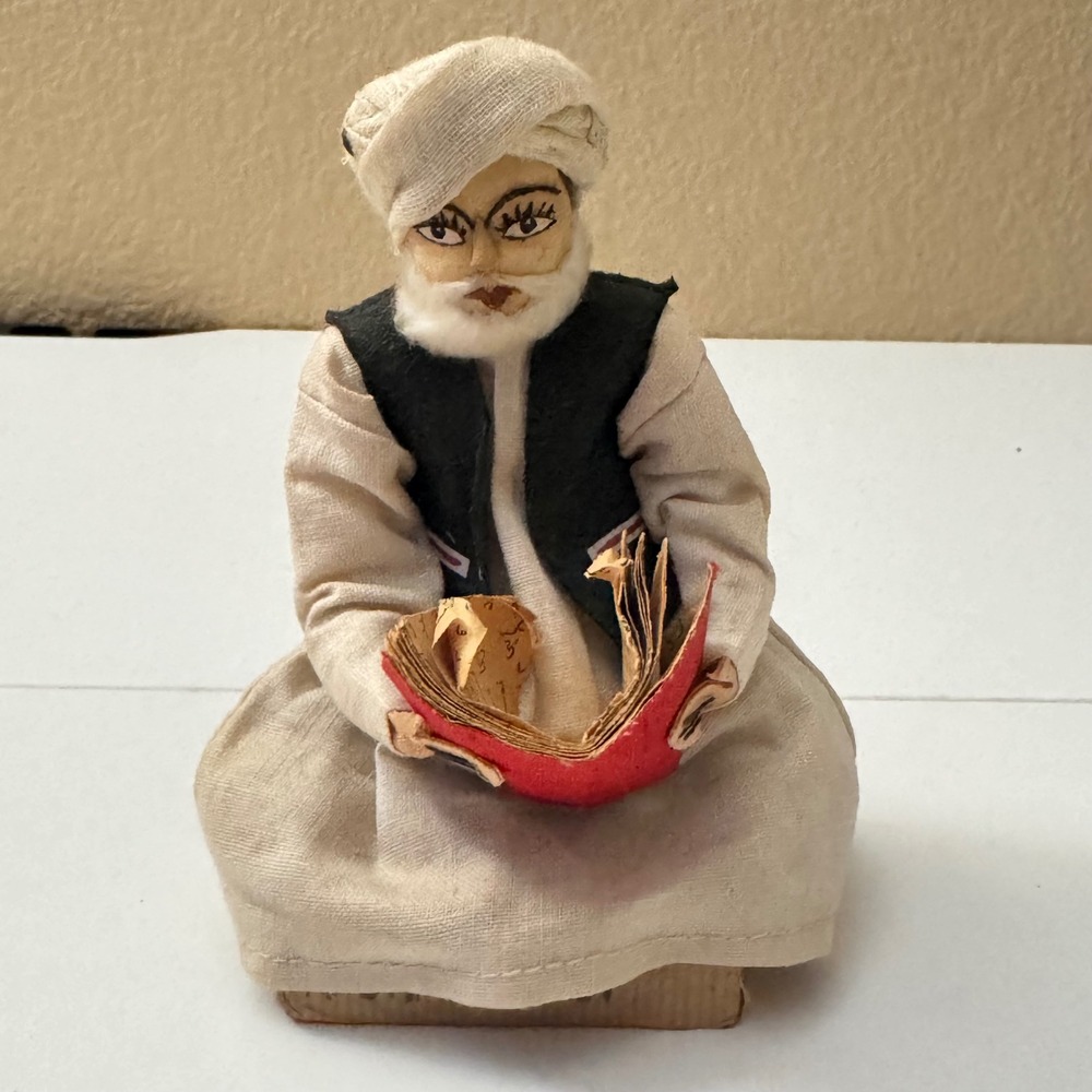 Vintage Afghanistan Folk Art Doll Seated Man Reading Turban Handcrafted 2002